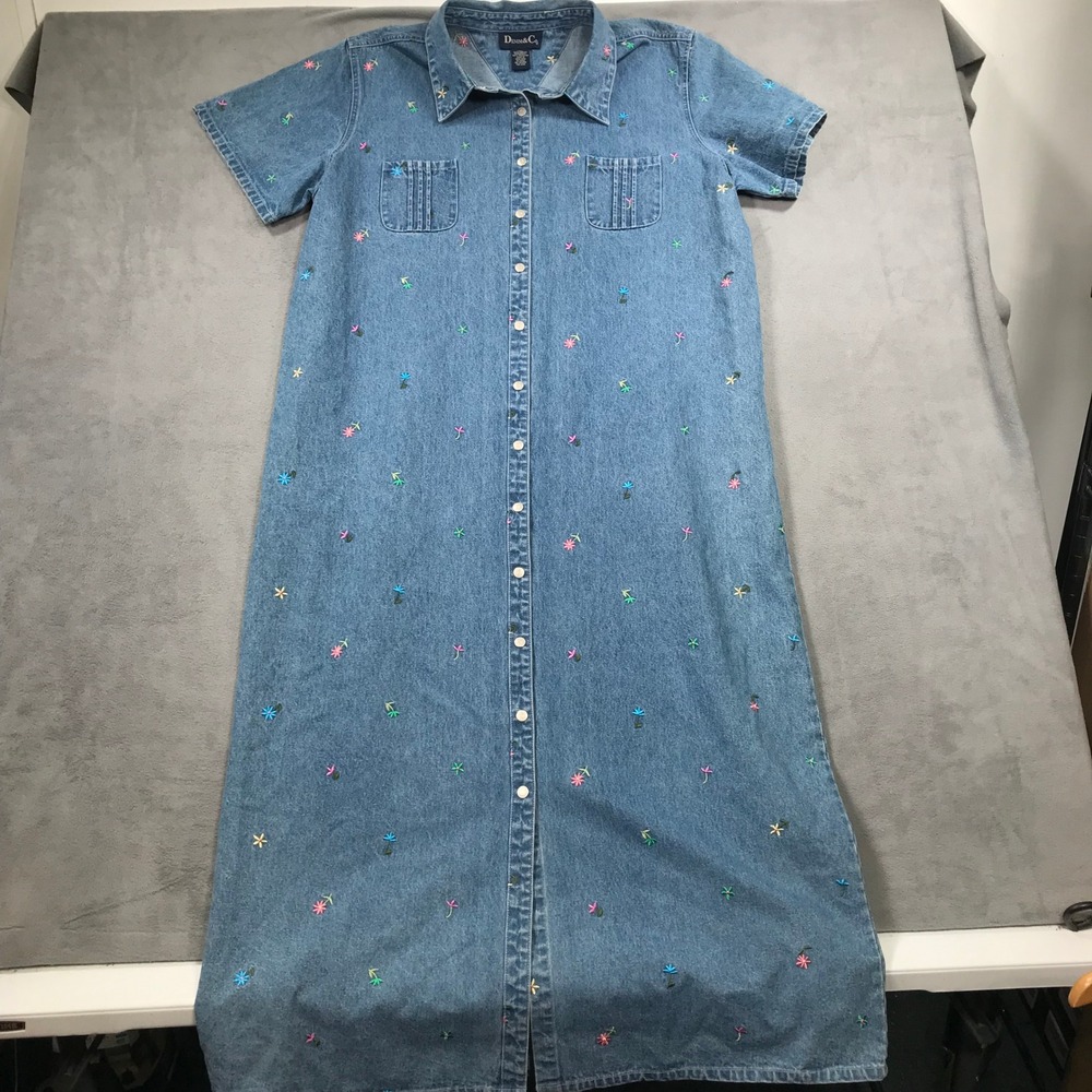 VTG Denim & Co Womens 1X Blue Denim Embroidered Floral Maxi Button Front Dress